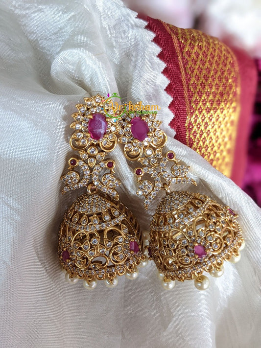 Premium AD Stone Jhumkas -Red White -G2154